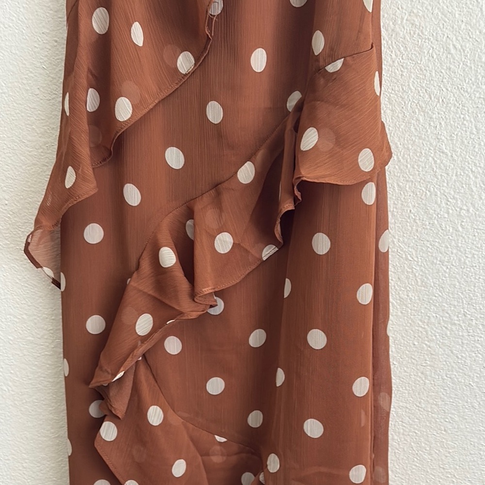 Brown and White Polka Dot Asymmetrical Sundress with Spaghetti Straps - Picture 5 of 8